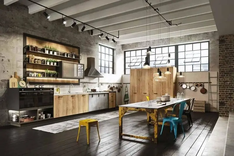 Interno Di Una Cucina E Soggiorno In Stile Loft In Un Appartamento E Una Casa Di Campagna: Esempi Di Design Di Design, Scelta Del Colore E Del Materiale, Decorazione, Foto