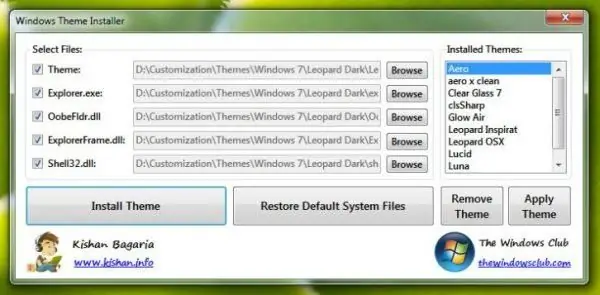 Windows Themes Installer -käyttöliittymä