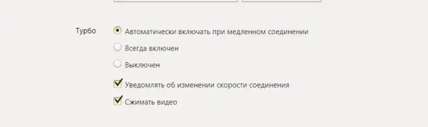 Bloc Turbo dans les paramètres du navigateur Yandex