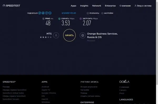 Analiza hitrosti spletnega mesta Speedtest