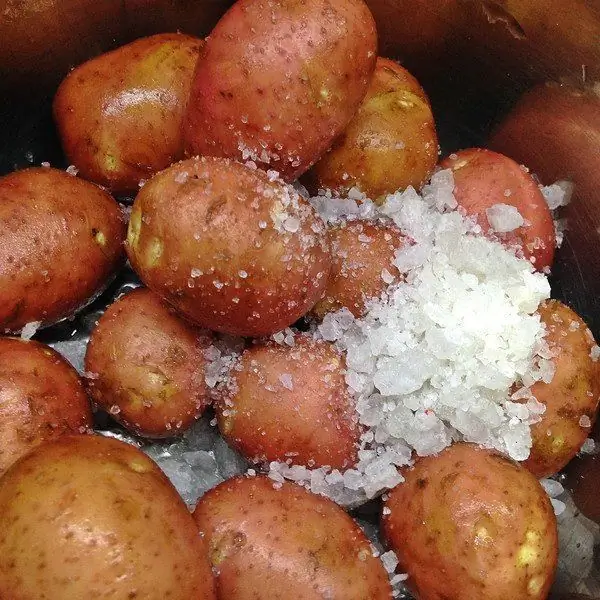 éplucher les jeunes pommes de terre avec du sel