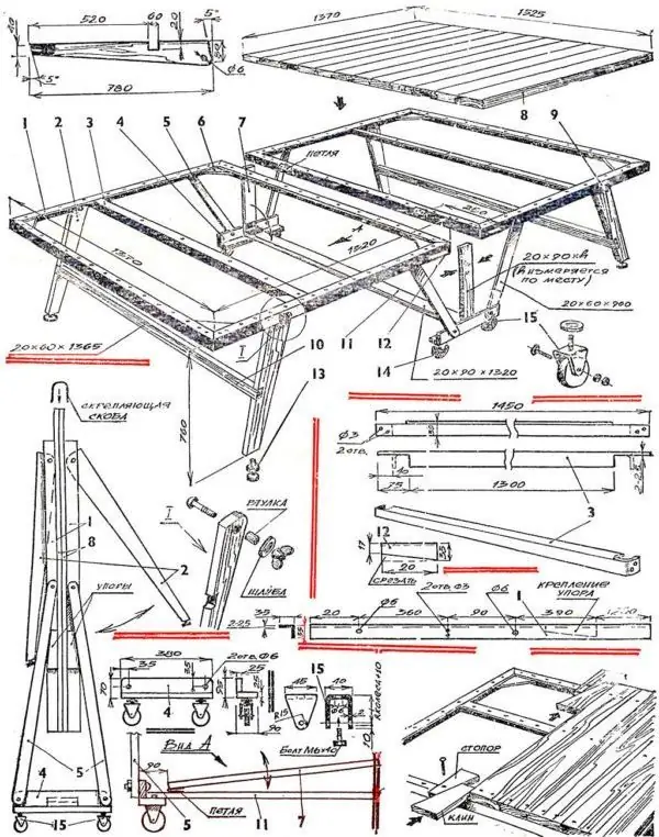 dessin d'un modèle de table de tennis pliable