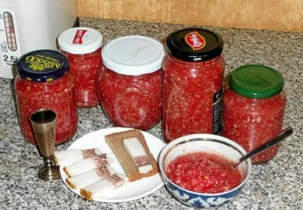 Horseradish in jars and bread and lard