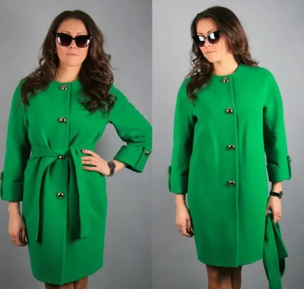 Girl in two perspectives - with and without a belt - in a green polyester coat