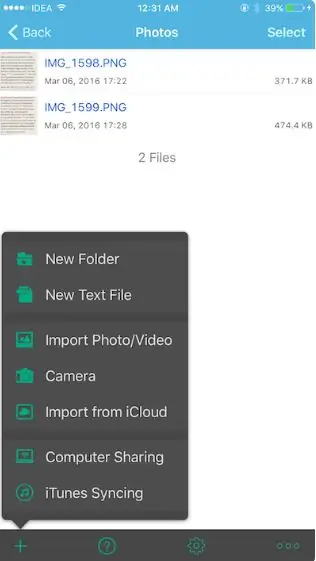 Action menu in Pocket Files