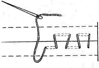 Black and white drawing of a blind seam from the face and wrong side of the fabric, where the stitches on the wrong side are indicated by the dotted line